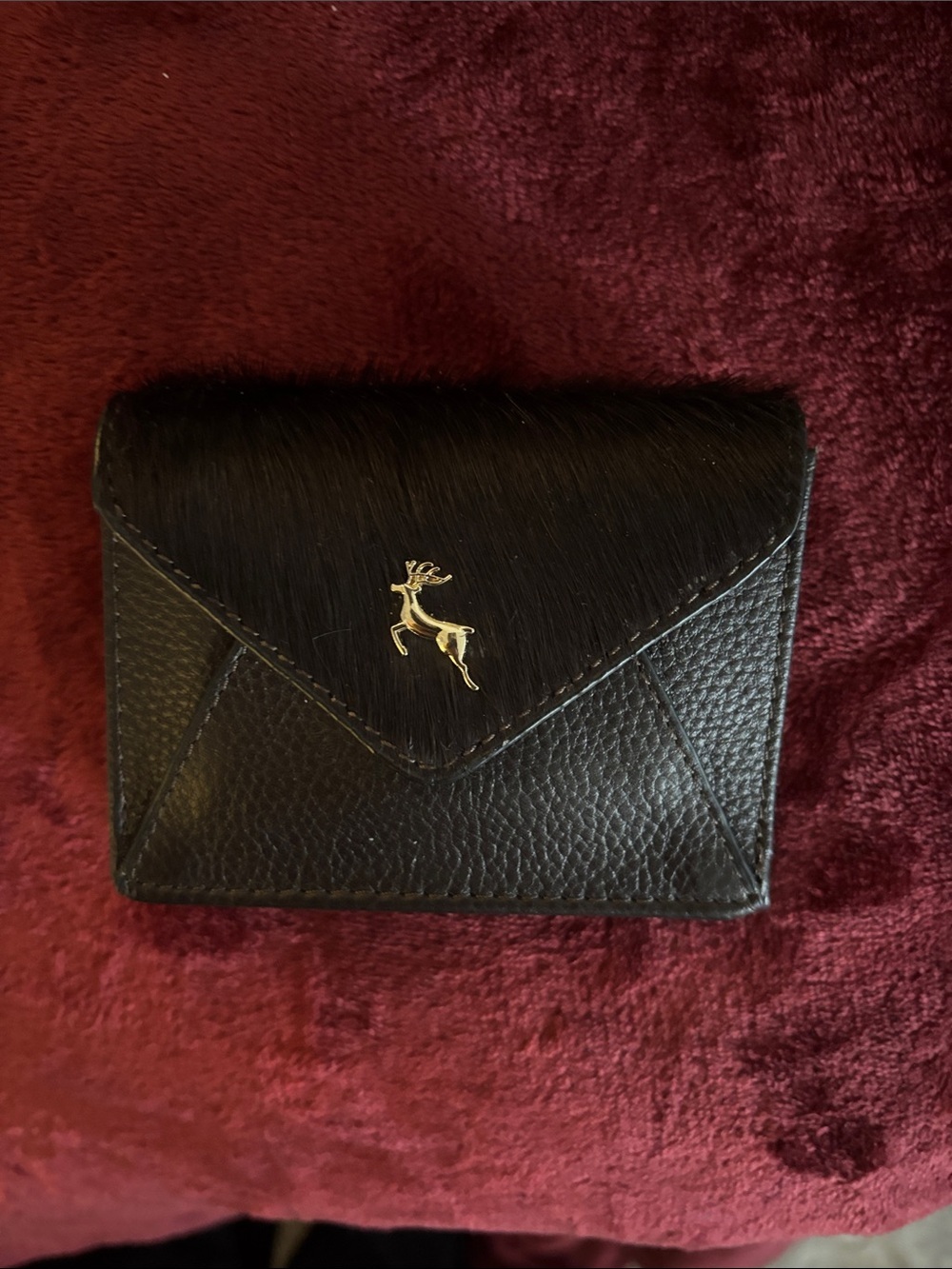 Black Leather Envelope pony   Genuine Leather Trifold Wallet  Gold  deer Accent